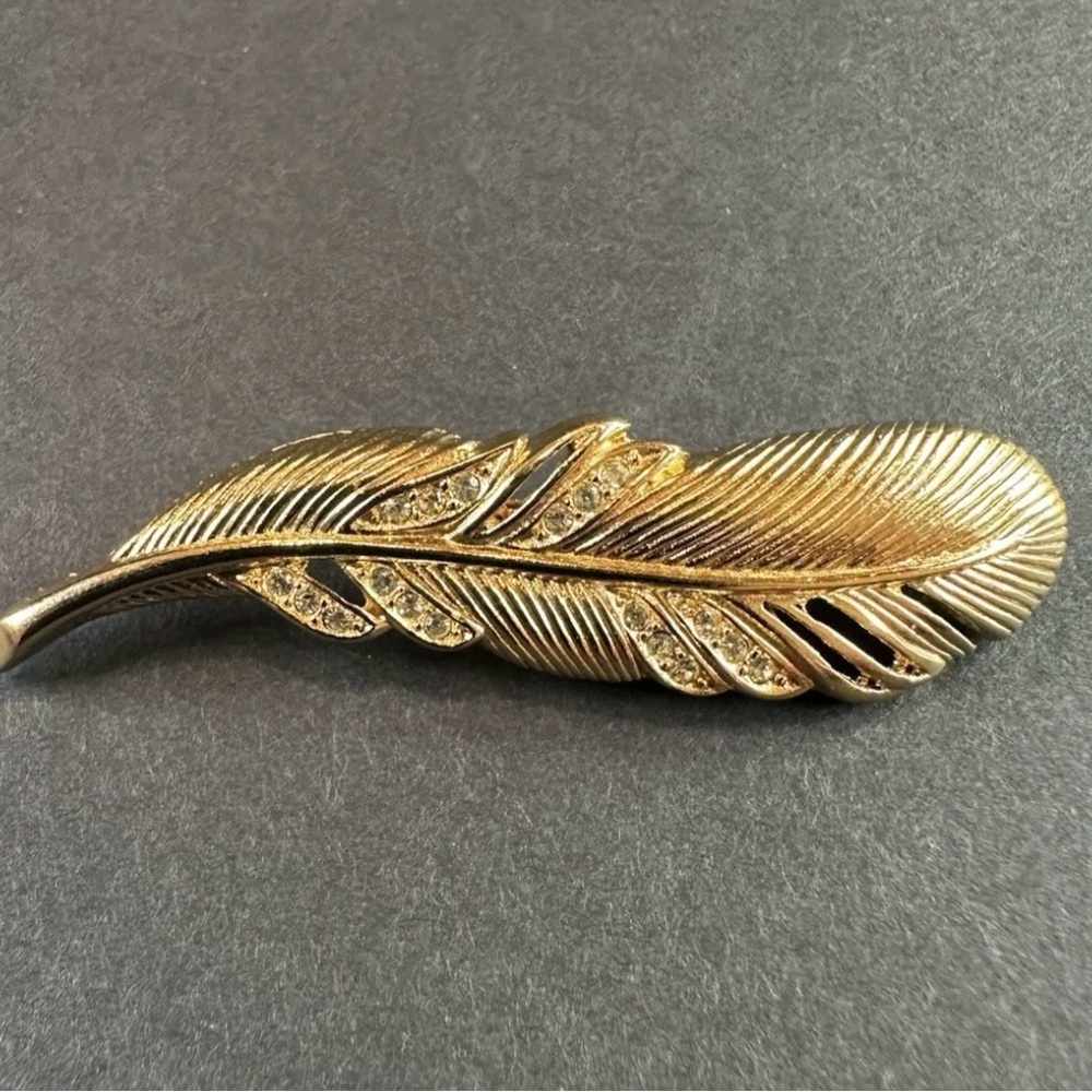 Christian Dior Gold Feather Rhinestone Brooch Vintage